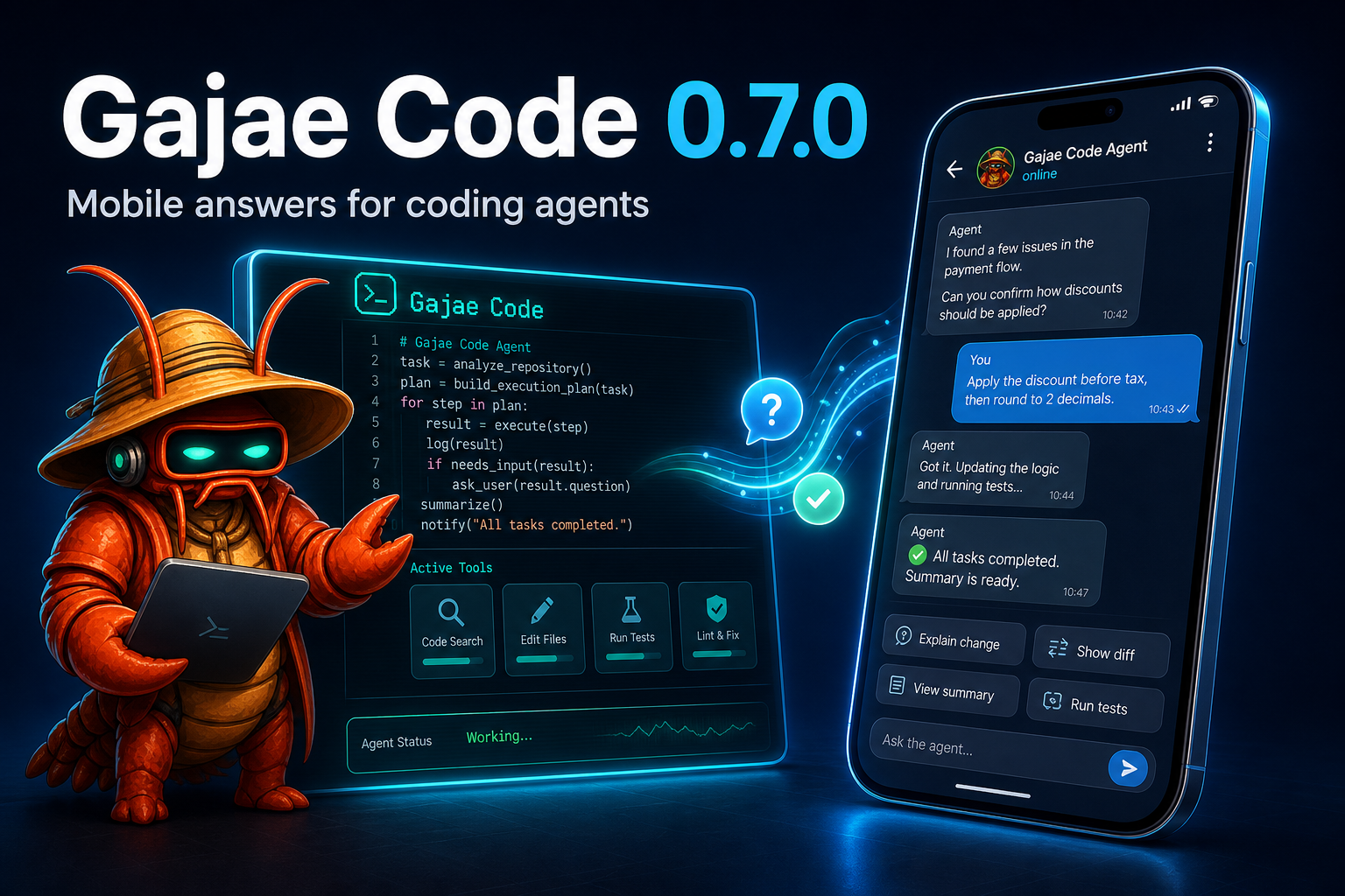 Gajae Code 0.7.2 mobile answers for coding agents hero illustration