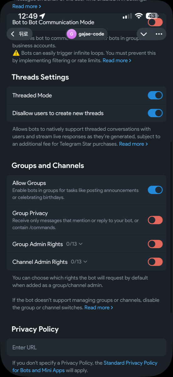 Bot Settings Threads Settings section with Threaded Mode toggle enabled